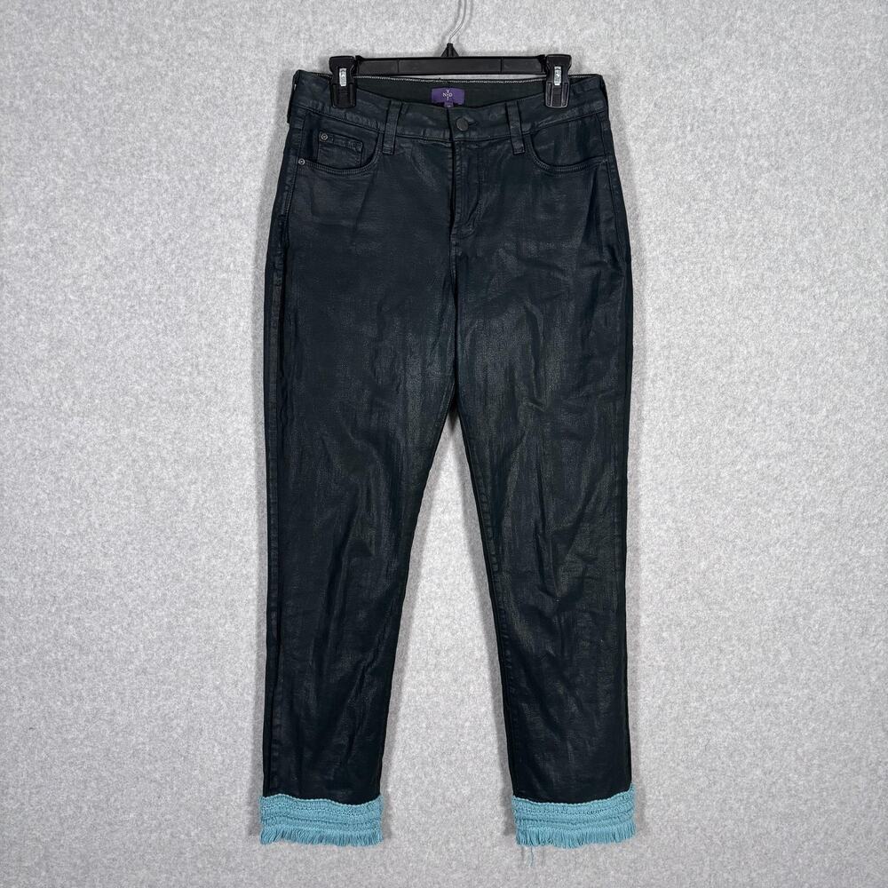 NYDJ Jeans 10 Forest Green Waxed Coated Fringe Boho Festival Lift Tuck Turquoise